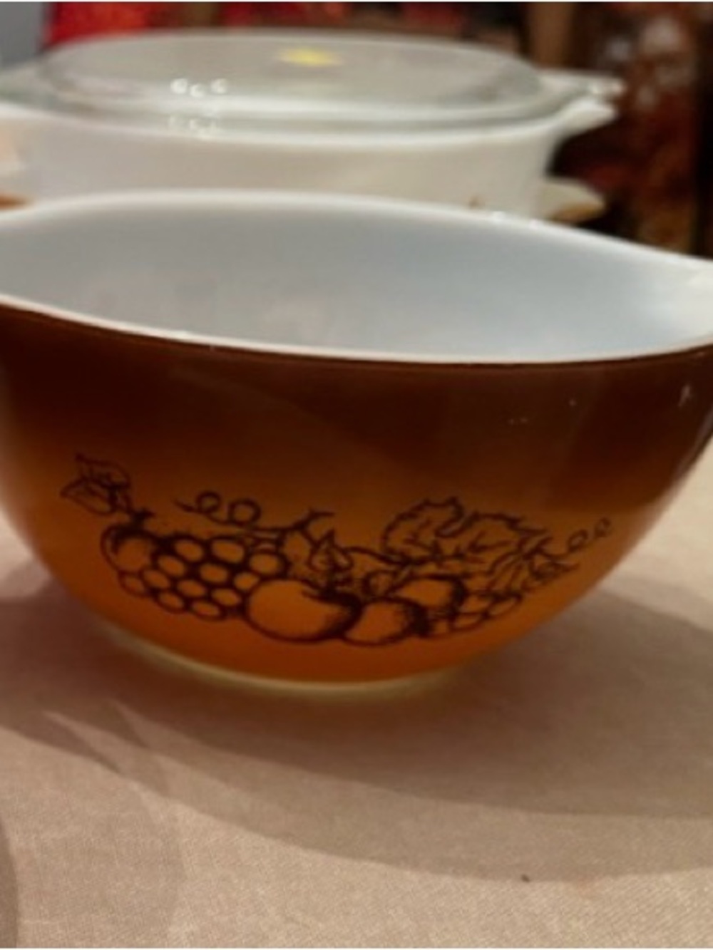 Vintage Amber Glass Mixing Bowl with Fruit Motif